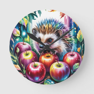 Vibrant Watercolor Hedgehog with Autumn Apples Round Clock