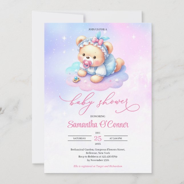 Vibrant watercolor hot pink purple baby bear girl invitation (Front)