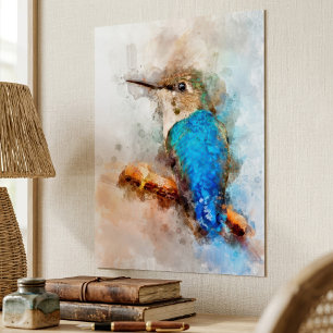 Vibrant Watercolor Hummingbird Bird on a branch Poster
