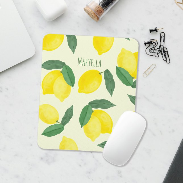 Vibrant Watercolor Lemons Hand-drawn Yellow Mouse Pad (Watercolor lemon custom name mediterranean citrus mouse pad)
