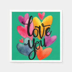 Vibrant Watercolor Love: Hand-Lettered "Love You" Napkin