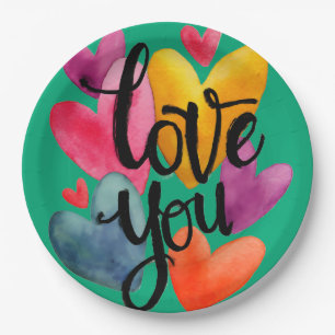 Vibrant Watercolor Love: Hand-Lettered "Love You" Paper Plate