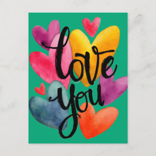Vibrant Watercolor Love: Hand-Lettered "Love You" Postcard
