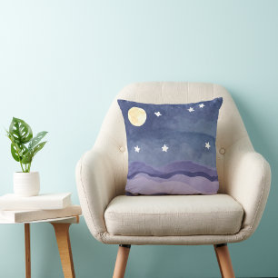 Vibrant Watercolor Moon Star Shining Throw Pillow