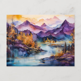 Vibrant Watercolor Mountain Lake Postcard