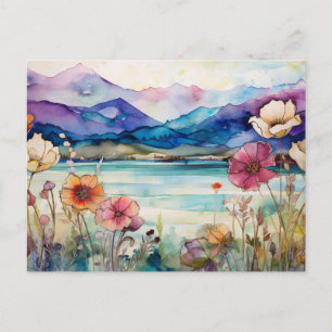 Vibrant Watercolor Mountain Wildflower Postcard 