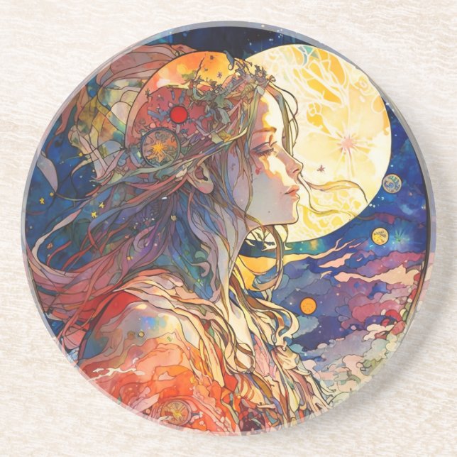 Vibrant Watercolor of Girl and Moon Coaster (Front)