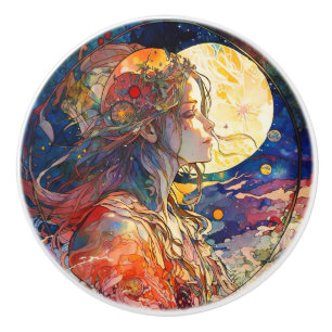 Vibrant Watercolor of Girl & Moon Ceramic Knob