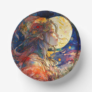 Vibrant Watercolor of Girl & Moon Paper Bowls Paper Plate