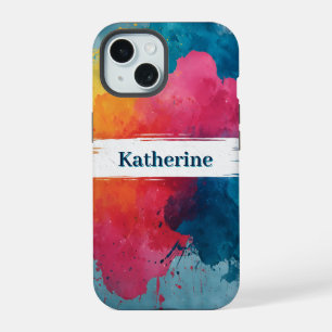 Vibrant Watercolor Paint Splash with Custom Name iPhone 15 Case
