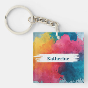 Vibrant Watercolor Paint Splash with Custom Name Key Ring