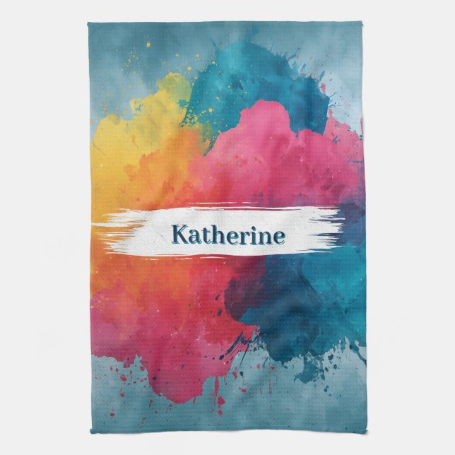 Vibrant Watercolor Paint Splash with Custom Name Tea Towel (Vertical)