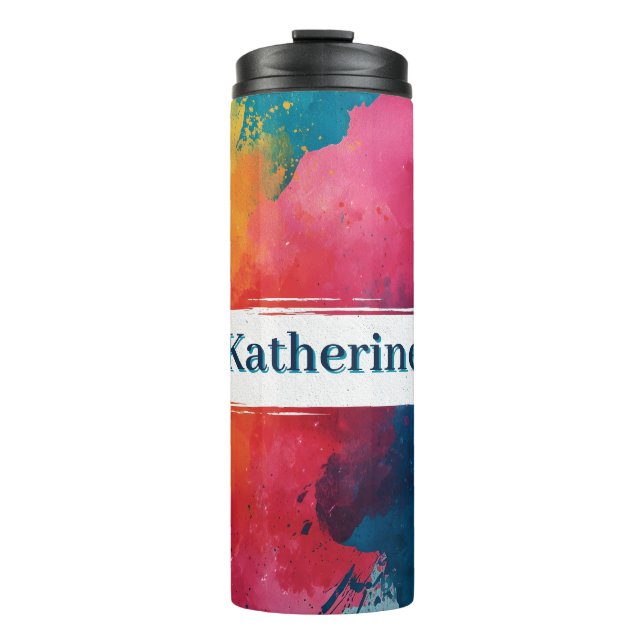 Vibrant Watercolor Paint Splash with Custom Name Thermal Tumbler (Front)