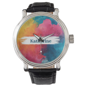 Vibrant Watercolor Paint Splash with Custom Name Watch