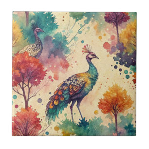 Vibrant Watercolor Peacock Forest Painting Pattern Ceramic Tile