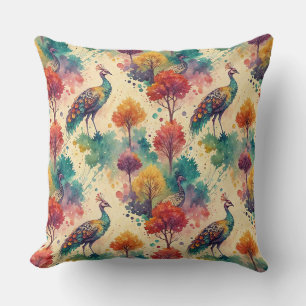 Vibrant Watercolor Peacock Forest Painting Pattern Cushion