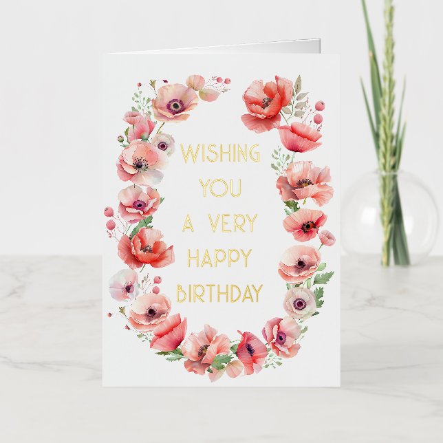 Vibrant Watercolor Poppy  Happy Birthday Foil Greeting Card (Front)