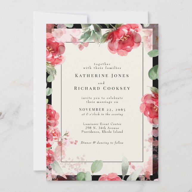Vibrant Watercolor Red & Blush Floral Wedding Invitation (Front)