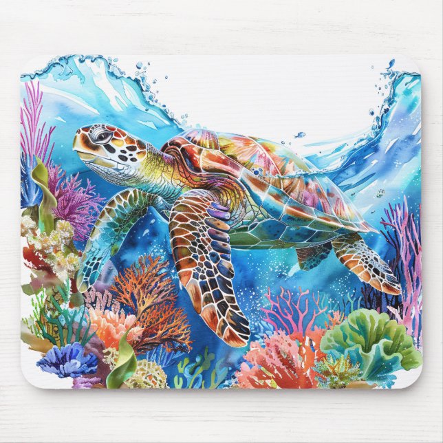 Vibrant Watercolor Sea Turtle Mouse Pad (Front)