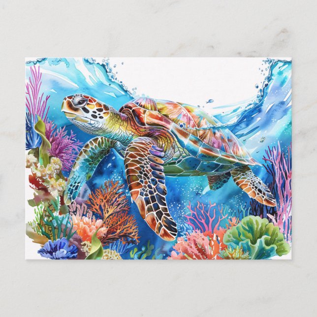 Vibrant Watercolor Sea Turtle Postcard (Front)