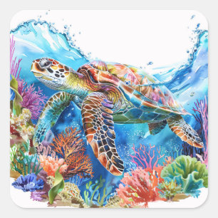 Vibrant Watercolor Sea Turtle Square Sticker