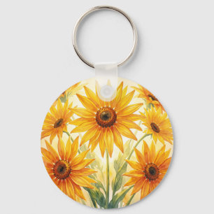 Vibrant Watercolor Sunflowers Yellow Orange Floral Key Ring