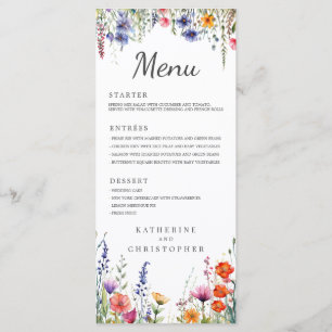 Vibrant Watercolor Wildflowers Elegant Wedding Menu