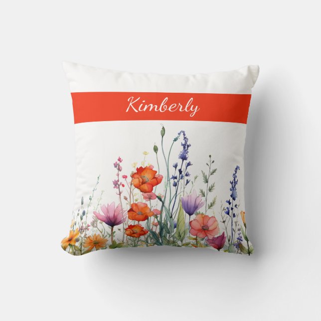 Vibrant Watercolor Wildflowers Personalized Cushion (Front)