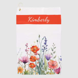 Vibrant Watercolor Wildflowers Personalized Golf Towel