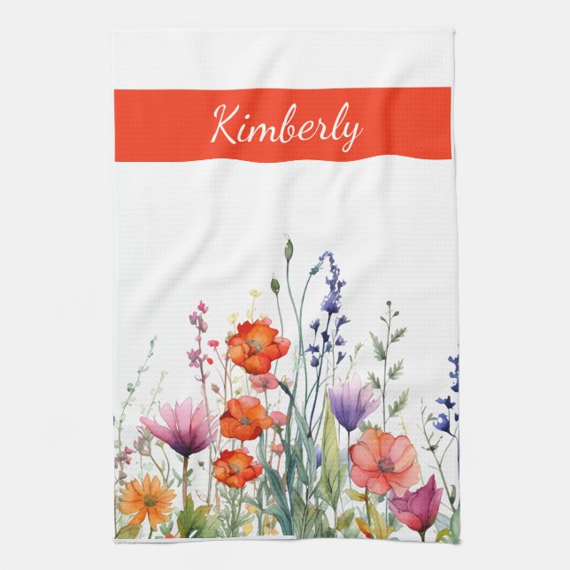 Vibrant Watercolor Wildflowers Personalized Tea Towel (Vertical)