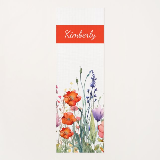 Vibrant Watercolor Wildflowers Personalized Yoga Mat (Front)