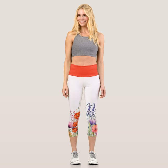 Vibrant Watercolor Wildflowers Yoga Capri Leggings (Front)