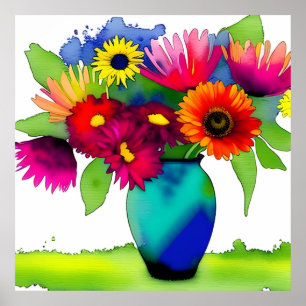 Vibrant Watercolour Vase and Flowers Poster