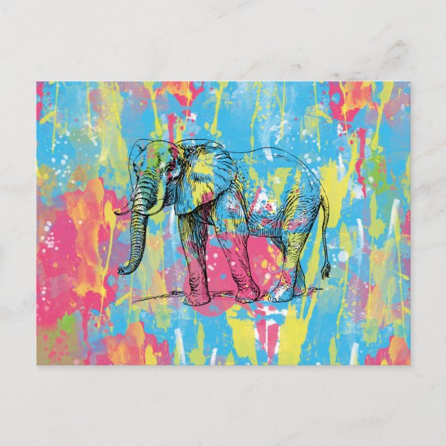 vibrant watercolours splatters elephant sketch postcard (Front)