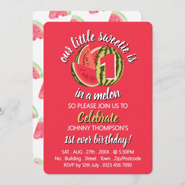 Vibrant Watermelon, One in a Melon, 1st Birthday Invitation (Front/Back)