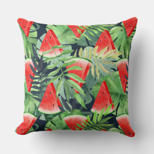 Vibrant Watermelon & Tropical Leaves Cushion