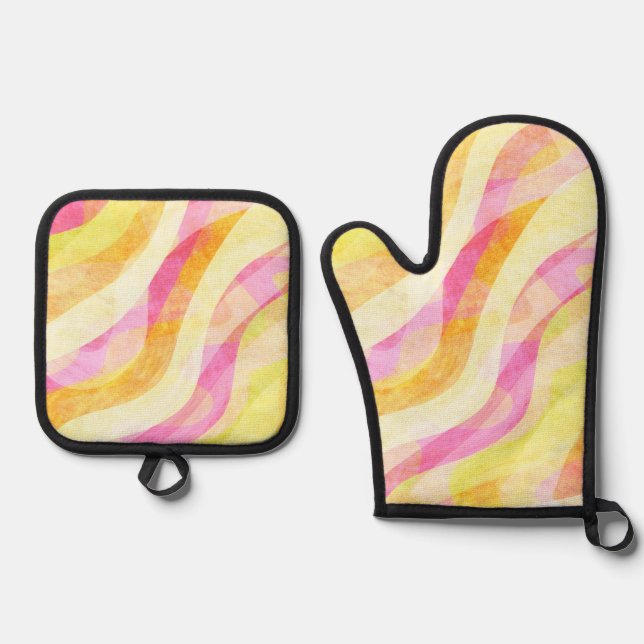 Vibrant Wavy Abstract Pattern Oven Mitt & Pot Holder Set (Front)