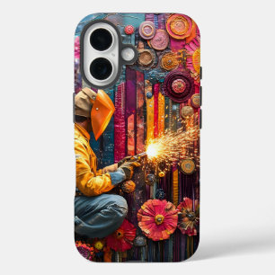 Vibrant Welding Art - Welder in Floral Industrial  iPhone 16 Case