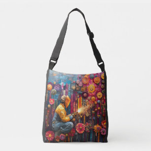Vibrant Welding Art - Welder in Floral Industrial Crossbody Bag