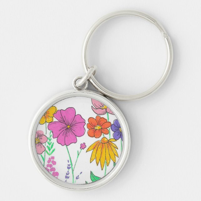 Vibrant Whimsical Painted Flowers Key Ring (Front)