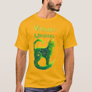 Vibrant Whiskers: Light Green and Yellow Cat Art T-Shirt