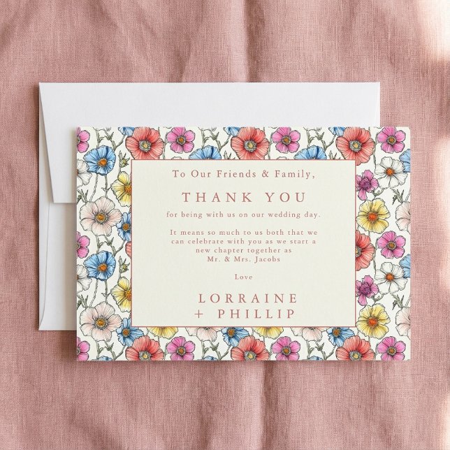 Vibrant wild flowers seamless pattern wedding thank you card (Vibrant wild flowers seamless pattern wedding thank you card)