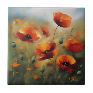 Vibrant Wild Poppies Serene Field Ceramic Tile