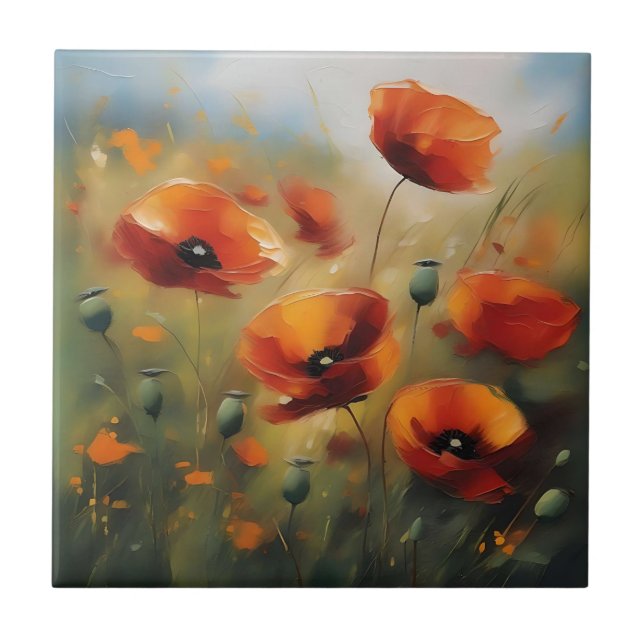 Vibrant Wild Poppies Serene Field Ceramic Tile (Front)