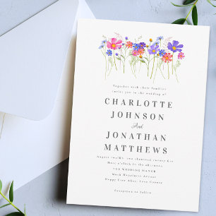 Vibrant Wildflower Boho Blue Pink Purple Wedding Invitation