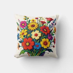 Vibrant Wildflower Bouquet Folk Art Cushion