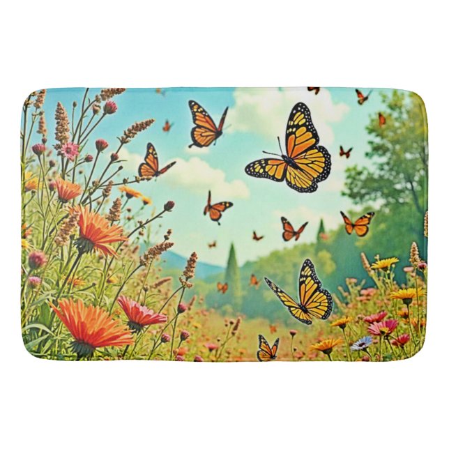 Vibrant Wildflower Butterfly Joy Design Bath Mat (Front)