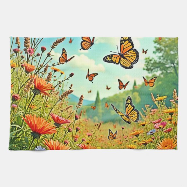Vibrant Wildflower Butterfly Joy Design Tea Towel (Horizontal)