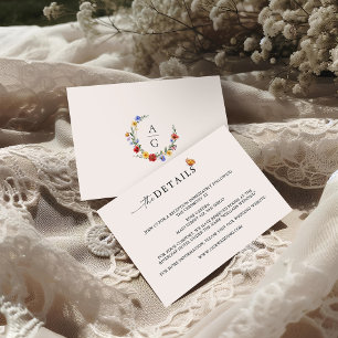 Vibrant Wildflower Crest Monogram Wedding Details Enclosure Card