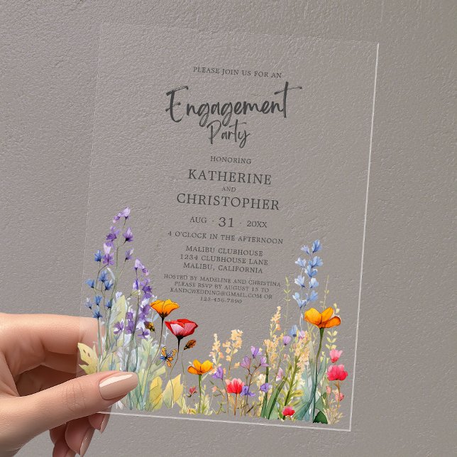 Vibrant Wildflower Engagement Party Elegant Clear Acrylic Invitations (Bright Colorful Wildflowers Engagement Party Clear Acrylic Invitation with Gray Text.)